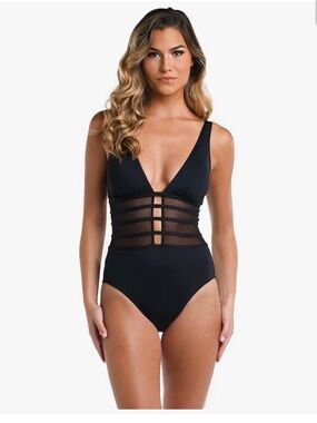 La Blanca Island Goddess Black Mesh-Panel One-Piece Swimsuit